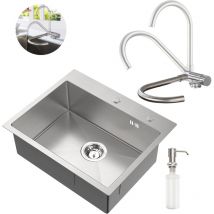 Auralum Max - Fregadero de cocina de acero inoxidable + grifo de cocina abatible, 55 × 45 cm Fregadero empotrado con dosificador de jabón, grifo de