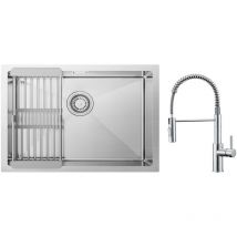 Cecipa Max - Fregadero de cocina de un seno cepillado con escurridor de 60 x 44 cm + grifo mezclador de cocina con resorte cepillado y ducha extraíble