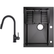 Cecipa Max - Fregadero de cocina fabricado en acero inoxidable lavabo sobre encimera 60x45cm negro antracita + grifo de cocina extensible negro con 2