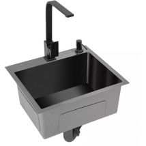 Fregadero de cocina negro 40 x 45 cm, fregadero de cocina con grifo de acero inoxidable 304, fregadero de montaje superior 1 lavabo con accesorios,