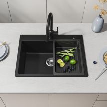 Cecipa Max - Fregadero de granito de 60 × 45 cm para encimera, fregadero de cocina de granito con escurridor, incluye sifón, desagüe y rebosadero