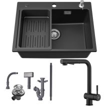 Cecipa Max - Fregadero de granito de 60×45 cm + grifo de cocina extraíble (altura 312 mm), fregadero de encimera con escurridor y dispensador de jabón