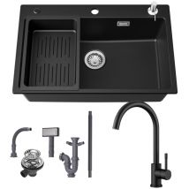 Cecipa Max - Fregadero de granito de 70×45 cm + grifo de cocina, fregadero de encimera con escurridor y dispensador de jabón