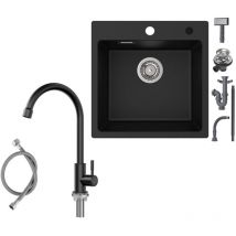 Cecipa Max - Fregadero sobre encimera para cocina de 45×45cm Fregadero de granito negro antracita con grifo de cocina de agua fría Grifo de cocina de