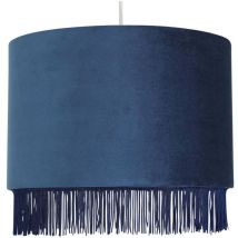 First Choice Lighting - Fringed - Navy Blue 23cm Fringed Velvet Pendant Shade - Crushed navy velvet