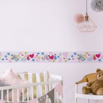 Plage - Frise adhésive décorative autocollante pour chambre enfant, 15 cm x 300 cm, illustration des fées, étoiles et coeurs, couleurs violet et rose.