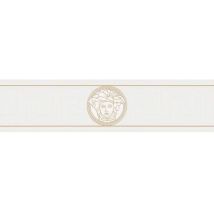 Frise papier peint motif grec avec Médusa | Frise tapisserie chic blanc crème & or | Frise murale élégante pour couloir & chambre adulte - 5,00 x