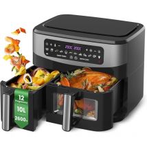 Circlio - Friteuse Sans Huile Double Tiroir, Air Fryer xxl 10L(6l+4l) Avec 12 Programmes, Minuterie, Friteuse à Air Chaud 2600W, Idéale Pour Cuire Un
