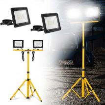 2x100W Spot de Construction led avec Trépied, Projecteur led Boîtier en Aluminium avec 3m Câble et EU-Prise, Lampe de Travail led Portable étanche