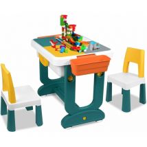 Froadp Juego de Mesa y Silla para Niños Mesa de Actividades Multifuncional con 2 Sillas y 300 Bloques de Construcción y Caja de Almacenamiento para