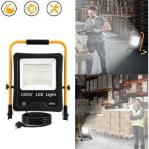 100W led Baustrahler mit Klappbügel Stand & 3m Netzkabel Stecker Aluminiumgehäuse Arbeitsscheinwerfer IP66 Wasserdicht Flutlicht Außenleuchte mit