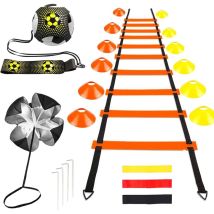 Fußballtrainingszubehör – 6 M Lange Agility-leiter, 12 Orange/gelbe Hütchen, 4 Bodenanker, 3 Widerstandsbänder (unterschiedliche Stärken), Speed-