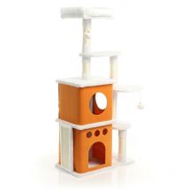 Fudajo Àrbol rascador para gatos blanco/marrón 125cm con sisal, cuevas y 2 cuevas/casitas