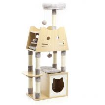 Fudajo - Arbre à chat Bois Gris 126cm Griffoir Maisonnette Hamac Balle Jeu Ludique Animal domestique