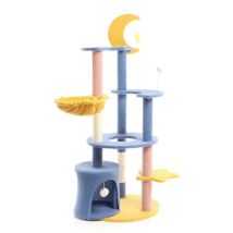 Fudajo - Kratzbaum Mit Mond Und Sterne 132 Cm Hoch, Katzenkratzbaum In Blau/gelb, Katzenbaum Mit Katzenhaus Und Liegemulde, Katzenmöbel Mit Spielbälle