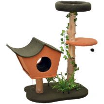 Fudajo - Kratzbaum Mit Pflanzendeko 114 Cm, Katzenkratzbaum Mit Teddyfell Und Birnbaumholz, Katzenhaus Mit Spielbällen, Katzenmöbel Mit Plattformen