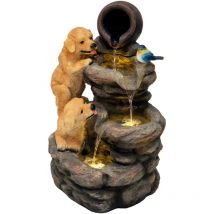 Monster Shop - Fuente de agua eléctrica 'Canine Creek' Diseño con cachorros y pájaro Poliresina duradera 3 luces led blanco cálido Bomba silenciosa