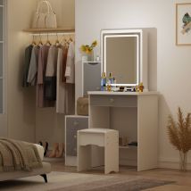 Fufu&gaga - Coiffeuse avec Miroir LED,Table de Maquillage avec Tabouret,4 Tiroirs & étagères,Bois Tables,Blanc et Gris - Blanc