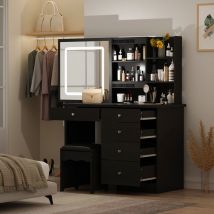 Große Schminktisch mit Beleuchtung,Spiegel und Hocker Schminktische Frisiertisch Kosmetiktisch mit 5 Schubladen Regale, Kommode Schlafzimmer Schwarz