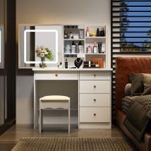 Große Schminktisch mit Beleuchtung,Spiegel und Hocker Schminktische Frisiertisch Kosmetiktisch mit 5 Schubladen Regale, Kommode Schlafzimmer Weiß