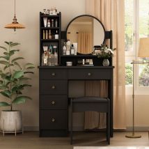 Schminktisch mit Spiegel,Schminktische mit 5 Schubladen,Regalen,Frisiertisch mit Hocker Kosmetiktisch Schwarz,Kommode und gepolstertem Hocker-Set 135