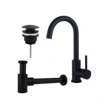 Fugaflow - Eccelente Sobrado Kit robinet lavabo - robinet haut - bec rotatif - bonde clic clac - siphon design bas - Noir mat