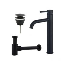 Fugaflow - Eccelente Sobrado Kit mitigeur lavabo - robinet rehaussé - bonde clic clac - siphon design bas - Noir mat