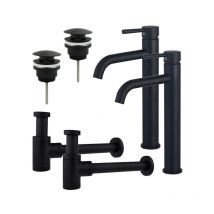 Eccelente Sobrado Kit robinet lavabo - pour double vasque - robinet rehaussé - bonde clic clac - siphon design bas - Noir mat - Fugaflow