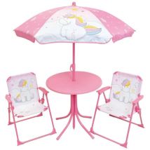 Mobilier de jardin Fun House Salon de jardin Licorne : Table H.46 x 46 cm, 2 chaises pliantes, parasol H.125 x100 cm
