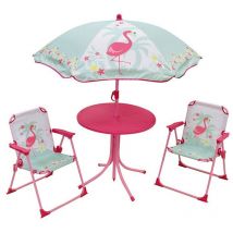 Cijep - fun house 713088 flamant rose Salon de jardin avec une table, 2 chaises pliables et un parasol pour enfant