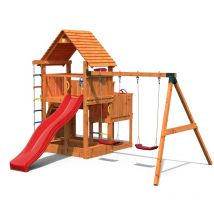Aire de jeux big leader move avec triple plateforme, échelle de corde, toiture, mur d'escalade, toboggan rouge & accessoires de jeux, balançoire 2