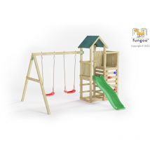 Aire de jeux chester avec double plateforme, échelle, mur d'escalade, toboggan vert & accessoires, avec balançoire 2 sièges - Kit sécurité ancrage