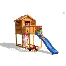 Aire de jeux my house avec double large plateforme, échelle, toboggan bleu, cabane, toiture & accessoires de jeux - Kit sécurité ancrage - Fungoo