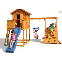Aire de jeux MyHOUSE spider avec double plateforme, cabane, toboggan bleu & accessoires de jeux, balançoire 1 sège et trapèze - Kit sécurité ancrage