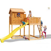 Aire de jeux myside avec triple plateforme, cabane, échelle, toboggan jaune & accessoires de jeux - Kit sécurité ancrage - Fungoo