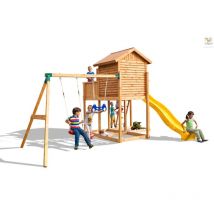 Aire de jeux myside move+ avec triple plateforme, cabane, échelle, toboggan jaune & accessoires de jeux, balançoire 1 siège et trapèze - Kit sécurité