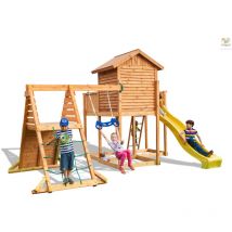 Aire de jeux MySIDE spider+ avec triple plateforme, cabane, échelle, murs d'escalade, mur de corde, toboggan jaune & accessoires de jeux, bvalaçoire