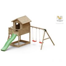 Galaxy s avec large plateforme, échelle, toboggan vert & accessoires, avec balançoire 2 sièges - Kit sécurité ancrage - Fungoo