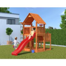 Fungoo - Spielturm 'Big Leader', teak, mit Rutsche, Leiter, Kletterwand, Holzdach, Kletterseil und Sandkasten