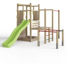 Fungoo Spielturm "Climbing Star 4", teak, mit Rutsche, Kletterwand, Kletterstange und Podest