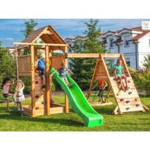 Fungoo Spielturm 'Fortress Spider+', teak, mit Rutsche, Holzdach, Griffe, Leiter, Kletterturm und Schaukel