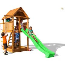 Spielturm 'Fortress', teak, mit Rutsche, Holzdach, Kletterseil, Kletterwand und Leiter - Fungoo