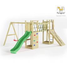 Fungoo - Spielturm 'Maxi Funny', natur, mit Doppelschaukel, Rutsche, Verbindungselement, Kletterwand und Rampe
