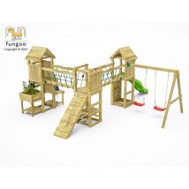 Spielturm 'maxi Funny Optimizer', Teak, Mit Rutsche, Doppelschaukel, Verbindungselemente, Kletterwand - Fungoo