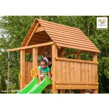 Fungoo Spielturm 'Maxi Set Fortress TipTop Rainbow Spider+', teak, mit Rutsche, Holzdach, Griffe, Leiter, Kletterturm, Brücke, Trapez und Kletterseil
