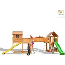 Spielturm 'Maxi Set Sized Plaza My Side Fortress Toybox Rainbow', teak, mit 2x Rutschen, 2x Spieltürmen, Verbindungsbrücke, Leiter, Kletterseil und