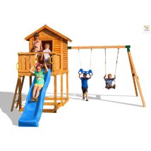 Spielturm 'My House Move+', teak, mit Rutsche, Doppelschaukel, Haus mit Holzdach, Leiter, Griffe - Fungoo