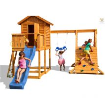 Spielturm 'My House Spider+', teak, mit Rutsche, Haus mit Holzdach, Griffe, Leiter, Kletterturm und Schaukel - Fungoo