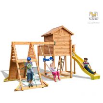 Spielturm 'My Side Spider+', teak, mit Rutsche, Einzelschaukel, Leiter, Haus mit Holzdach und Kletterturm - Fungoo