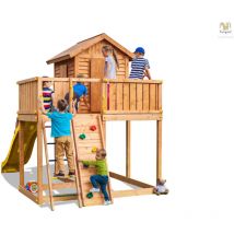 Fungoo Spielturm 'My Side Step On', teak, mit Rutsche, Kletterwand, Leiter und Holzdach